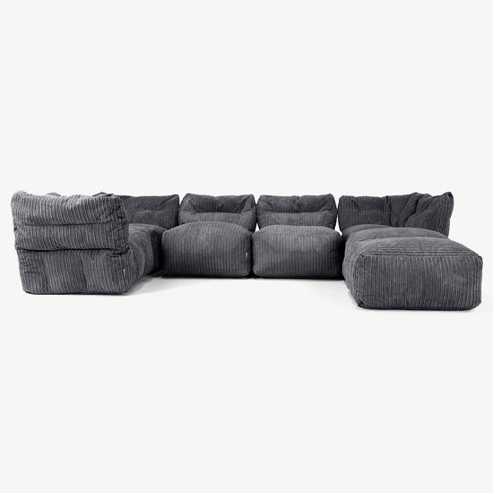 Divano Modulare 5 Posti con Chaise Longue - Velluto a Coste Nero 01