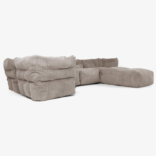 Divano Modulare 5 Posti con Chaise Longue - Velluto a Coste Grigio Tortora 02
