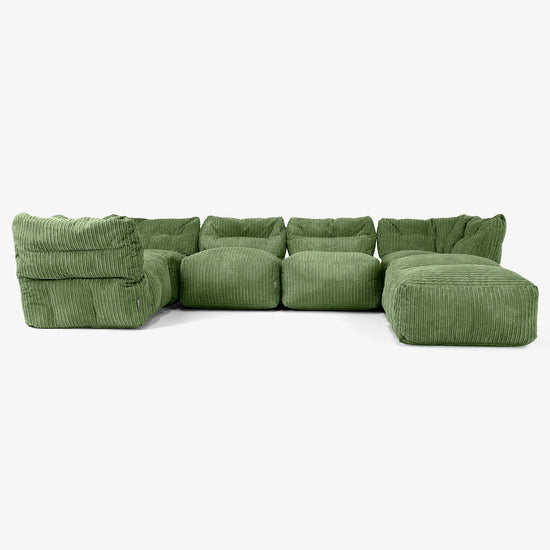 Divano Modulare 5 Posti con Chaise Longue - Velluto a Coste Verde Foresta 01