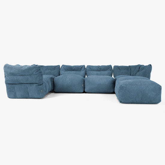 Divano Modulare 5 Posti con Chaise Longue - Velluto a Coste Navy 01