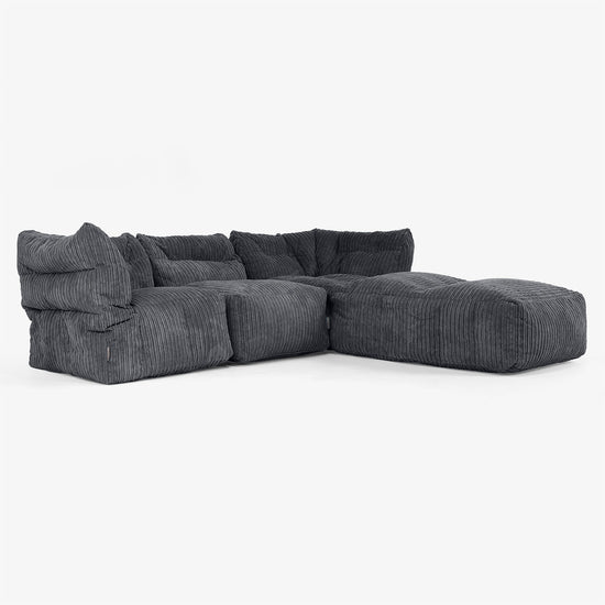 Divano Modulare 3 Posti con Chaise Longue e Braccioli - Velluto a Coste Nero 02