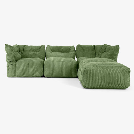Divano Modulare 3 Posti con Chaise Longue e Braccioli - Velluto a Coste Verde Foresta 01