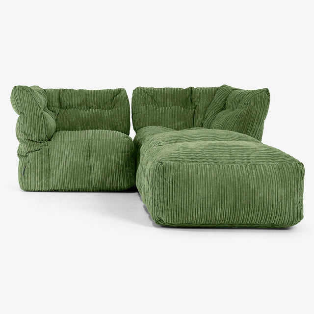 Divano Modulare 2 Posti con Chaise Longue - Velluto a Coste Verde Foresta 01