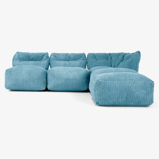Divano Modulare 3 Posti con Chaise Longue, senza Braccioli - Velluto a Coste Egeo Blu 01