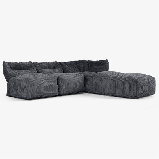 Divano Modulare 3 Posti con Chaise Longue, senza Braccioli - Velluto a Coste Nero 02