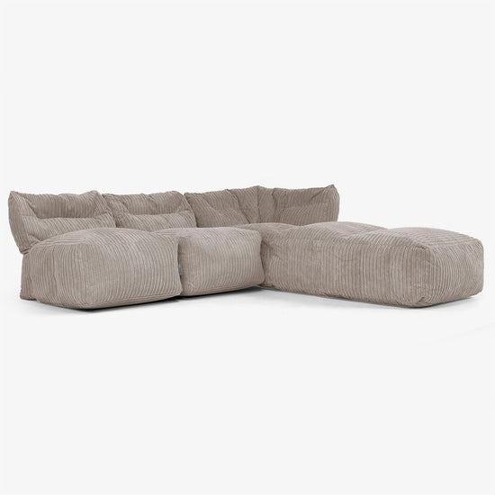 Divano Modulare 3 Posti con Chaise Longue, senza Braccioli - Velluto a Coste Grigio Tortora 02
