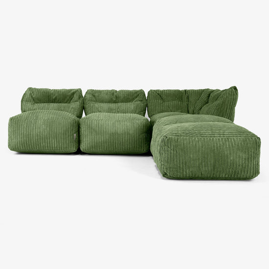 Divano Modulare 3 Posti con Chaise Longue, senza Braccioli - Velluto a Coste Verde Foresta 01