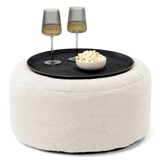 Pouf Ottoman con Vassoio - Bouclé Avorio - 01