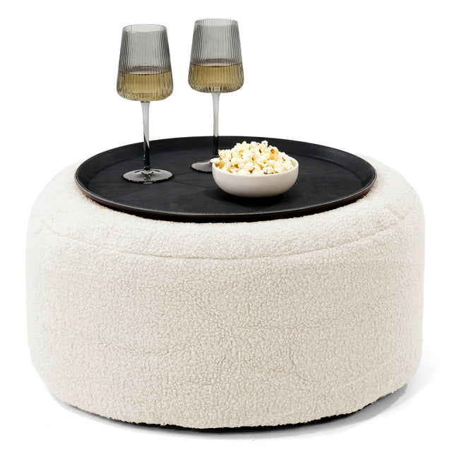 Pouf Ottoman con Vassoio - Bouclé Avorio - 01