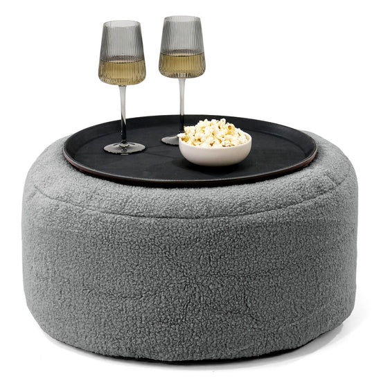 Pouf Ottoman con Vassoio - Bouclé Grigio - 01