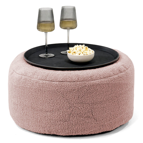 Pouf Ottoman con Vassoio - Bouclé Rosa - 01
