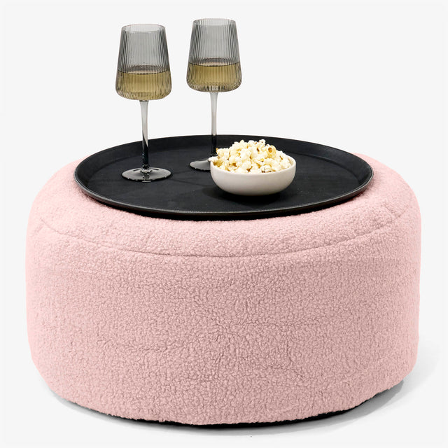 Pouf Ottoman con Vassoio - Bouclé Rosa - 01
