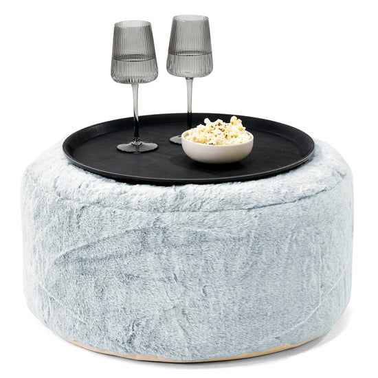 Pouf Ottoman con Vassoio - Eco-pelliccia di Coniglio Azzurro Polvere - 01