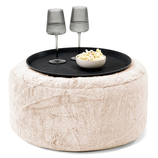 Pouf Ottoman con Vassoio - Eco-pelliccia di Coniglio Bianco - 01