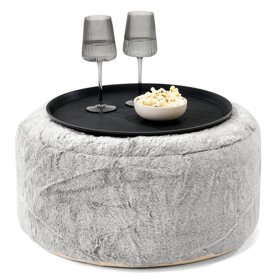 Pouf Ottoman con Vassoio - Eco-pelliccia di Coniglio Grigio Chiaro - 01