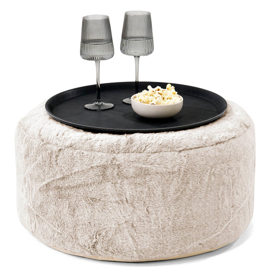 Pouf Ottoman con Vassoio - Eco-pelliccia di Coniglio Marrone dorato - 01