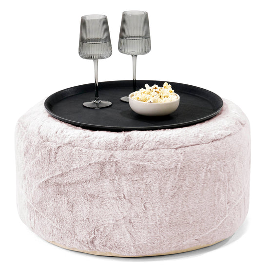 Pouf Ottoman con Vassoio - Eco-pelliccia di Coniglio Rosa Antico - 01