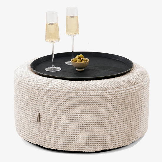 Pouf Ottoman con Vassoio - Pompon Panna - 01