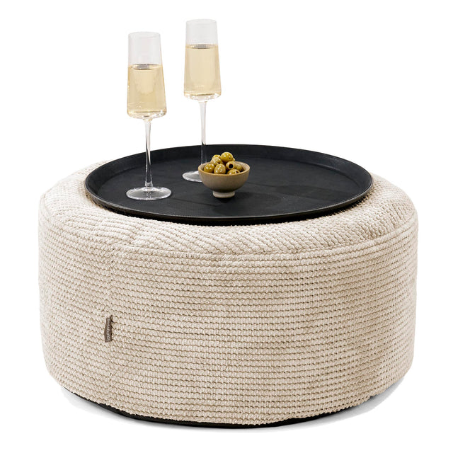 Pouf Ottoman con Vassoio - Pompon Panna - 01