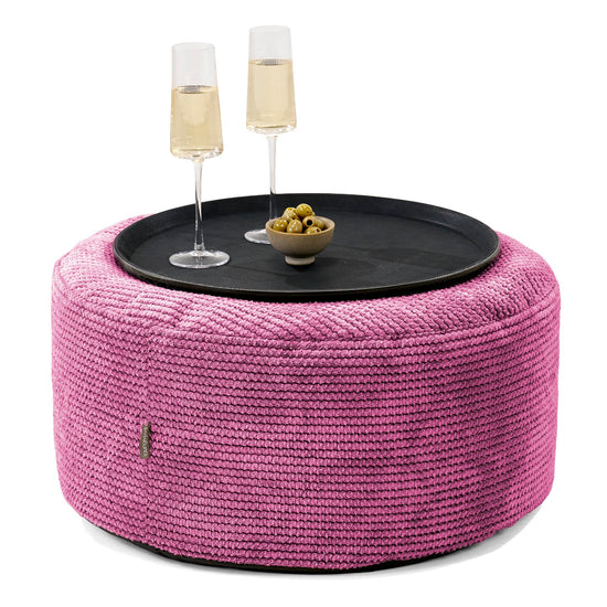 Pouf Ottoman con Vassoio - Pompon Rosa - 01