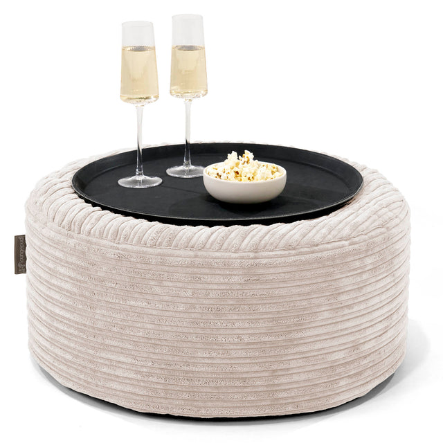 Pouf Ottoman con Vassoio - Velluto a Coste Avorio - 01