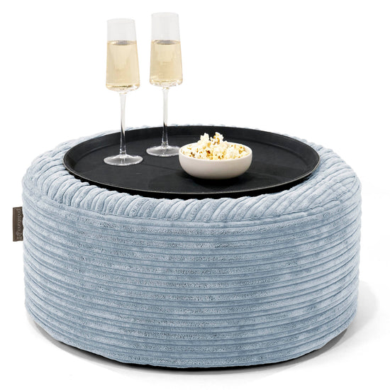Pouf Ottoman con Vassoio - Velluto a Coste Bebè Blu - 01