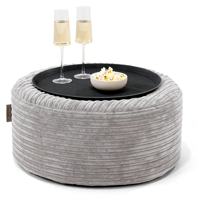 Pouf Ottoman con Vassoio - Velluto a Coste Grigio Argento - 01