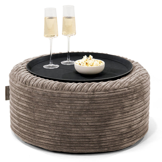 Pouf Ottoman con Vassoio - Velluto a Coste Grigio Tortora - 01