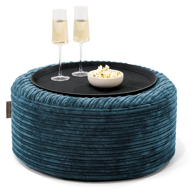 Pouf Ottoman con Vassoio - Velluto a Coste Navy - 01