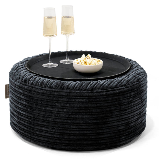 Pouf Ottoman con Vassoio - Velluto a Coste Nero - 01