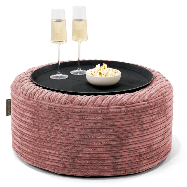 Pouf Ottoman con Vassoio - Velluto a Coste Pesca - 01