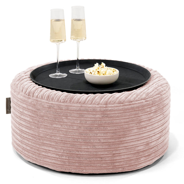 Pouf Ottoman con Vassoio - Velluto a Coste Rosa Cipria - 01