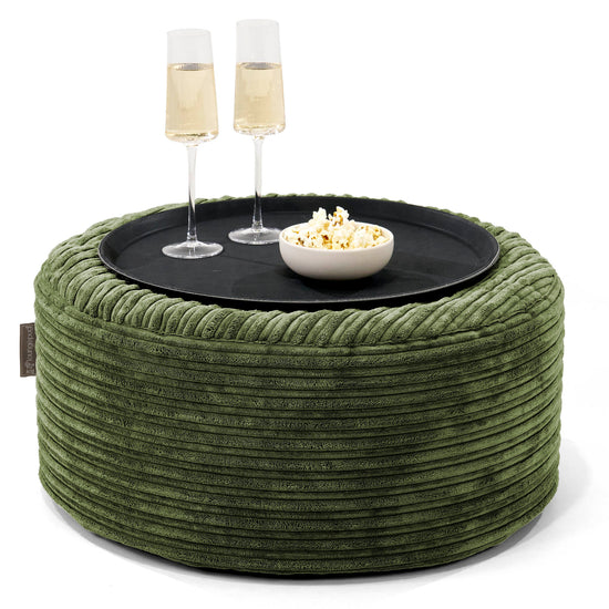Pouf Ottoman con Vassoio - Velluto a Coste Verde Foresta - 01