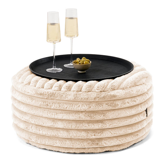 Pouf Ottoman con Vassoio - Velluto Felpato Ultra Morbido Panna - 01