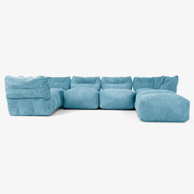 Divano Modulare 5 Posti con Chaise Longue - Velluto a Coste Egeo Blu 01
