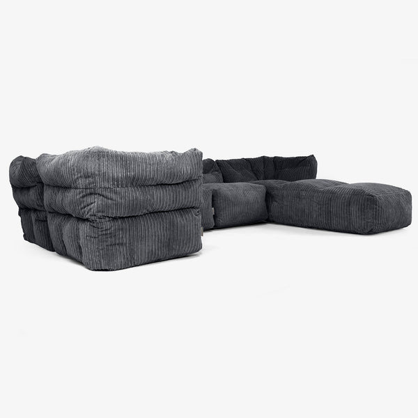 Divano Modulare 5 Posti con Chaise Longue - Velluto a Coste Nero 01