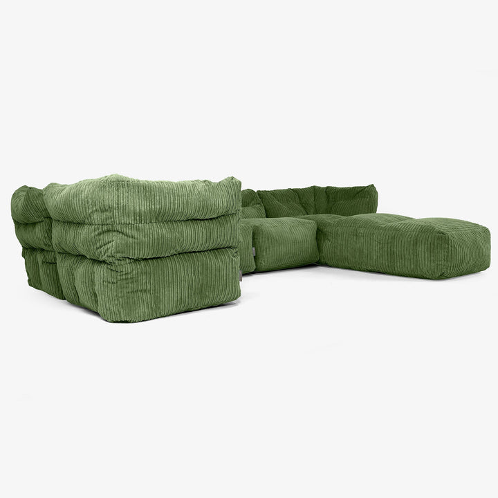Divano Modulare 5 Posti con Chaise Longue - Velluto a Coste Verde Foresta 02