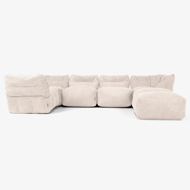 Divano Modulare 5 Posti con Chaise Longue - Velluto a Coste Avorio 01