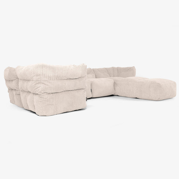 Divano Modulare 5 Posti con Chaise Longue - Velluto a Coste Avorio 01