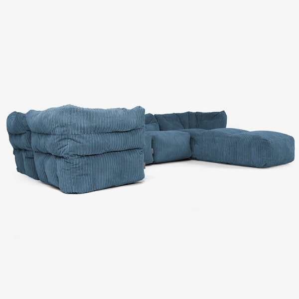 Divano Modulare 5 Posti con Chaise Longue - Velluto a Coste Navy 01