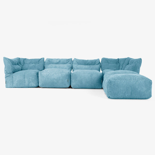 Divano Modulare 4 Posti con Chaise Longue - Velluto a Coste Egeo Blu 01