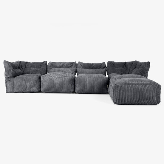 Divano Modulare 4 Posti con Chaise Longue - Velluto a Coste Nero 01