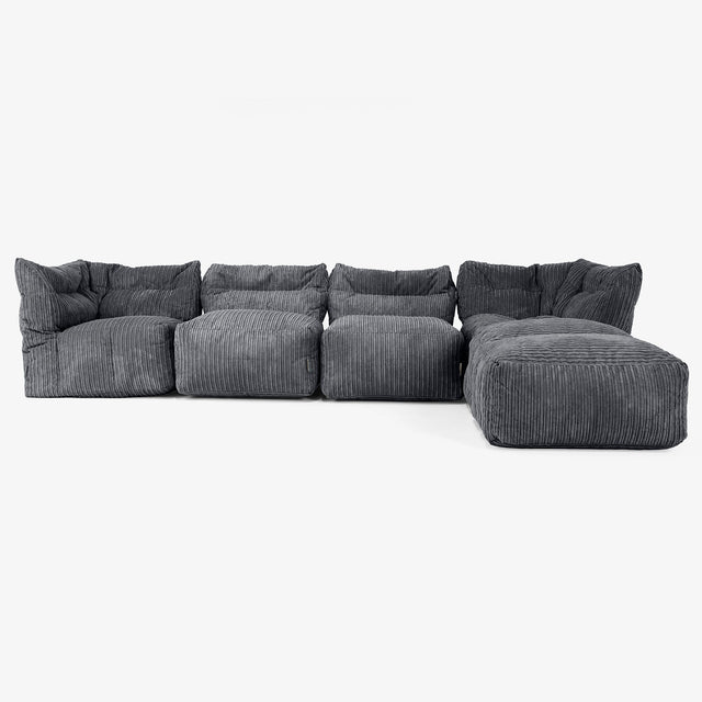 Divano Modulare 4 Posti con Chaise Longue - Velluto a Coste Nero 01
