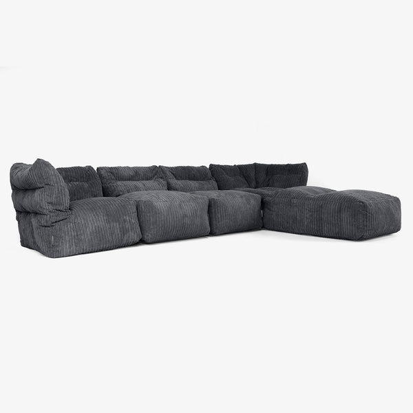 Divano Modulare 4 Posti con Chaise Longue - Velluto a Coste Nero 01