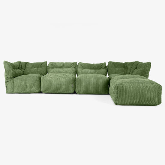 Divano Modulare 4 Posti con Chaise Longue - Velluto a Coste Verde Foresta 01