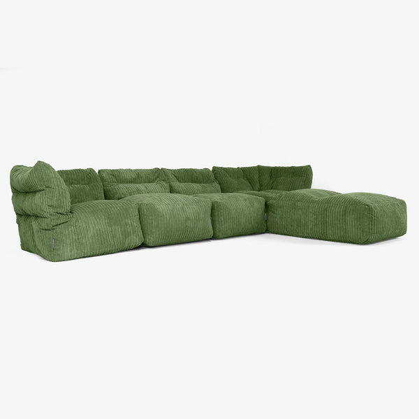 Divano Modulare 4 Posti con Chaise Longue - Velluto a Coste Verde Foresta 01