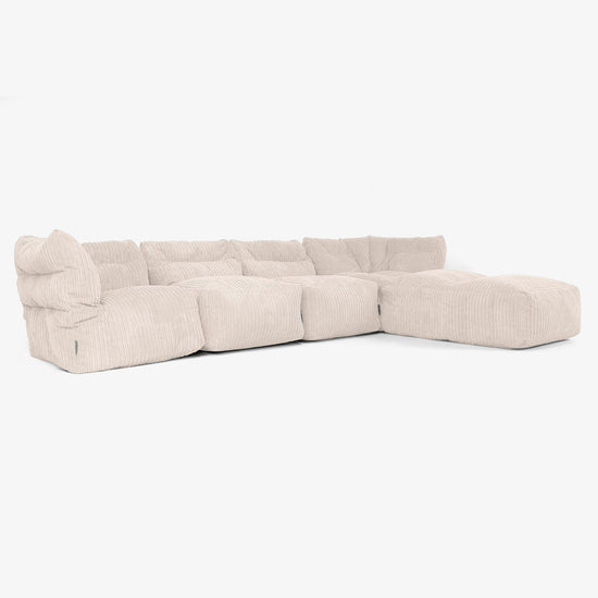 Divano Modulare 4 Posti con Chaise Longue - Velluto a Coste Avorio 02