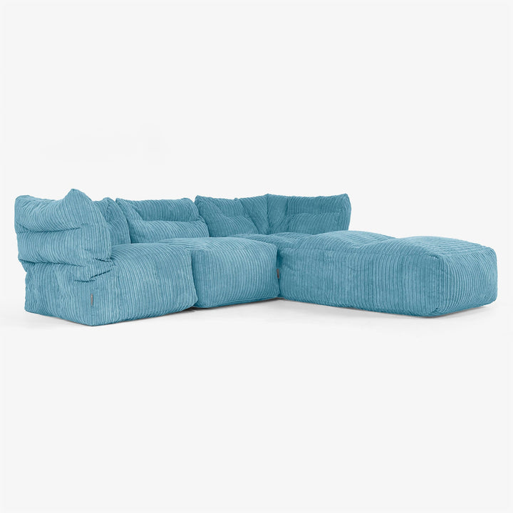 Divano Modulare 3 Posti con Chaise Longue e Braccioli - Velluto a Coste Egeo Blu 02