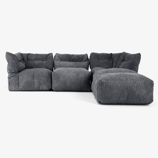 Divano Modulare 3 Posti con Chaise Longue e Braccioli - Velluto a Coste Nero 01