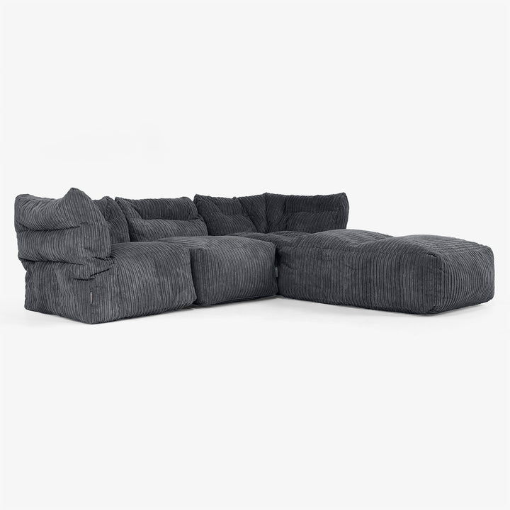 Divano Modulare 3 Posti con Chaise Longue e Braccioli - Velluto a Coste Nero 02